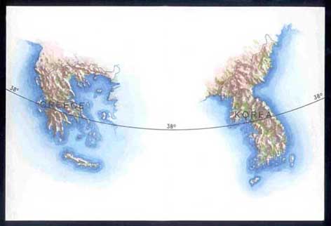 Copyright © The 38th Parallel from an old greetings card by an unknown publisher. The 38th Parallel divides North and South Korea and coincidentally divides northern and southern Greece.